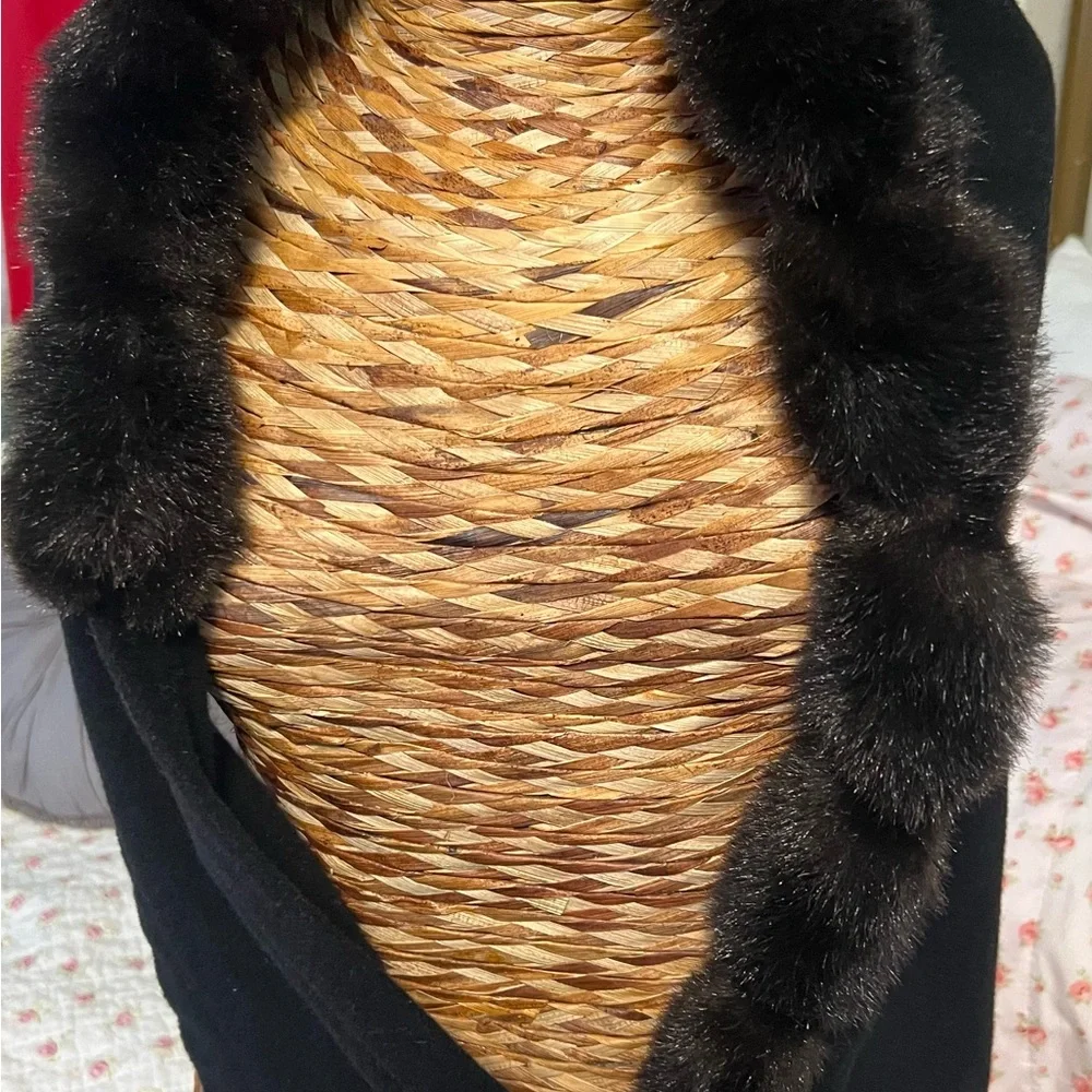 Black Faux Fur-Trimmed Hooded Wrap - Picture 3 of 11